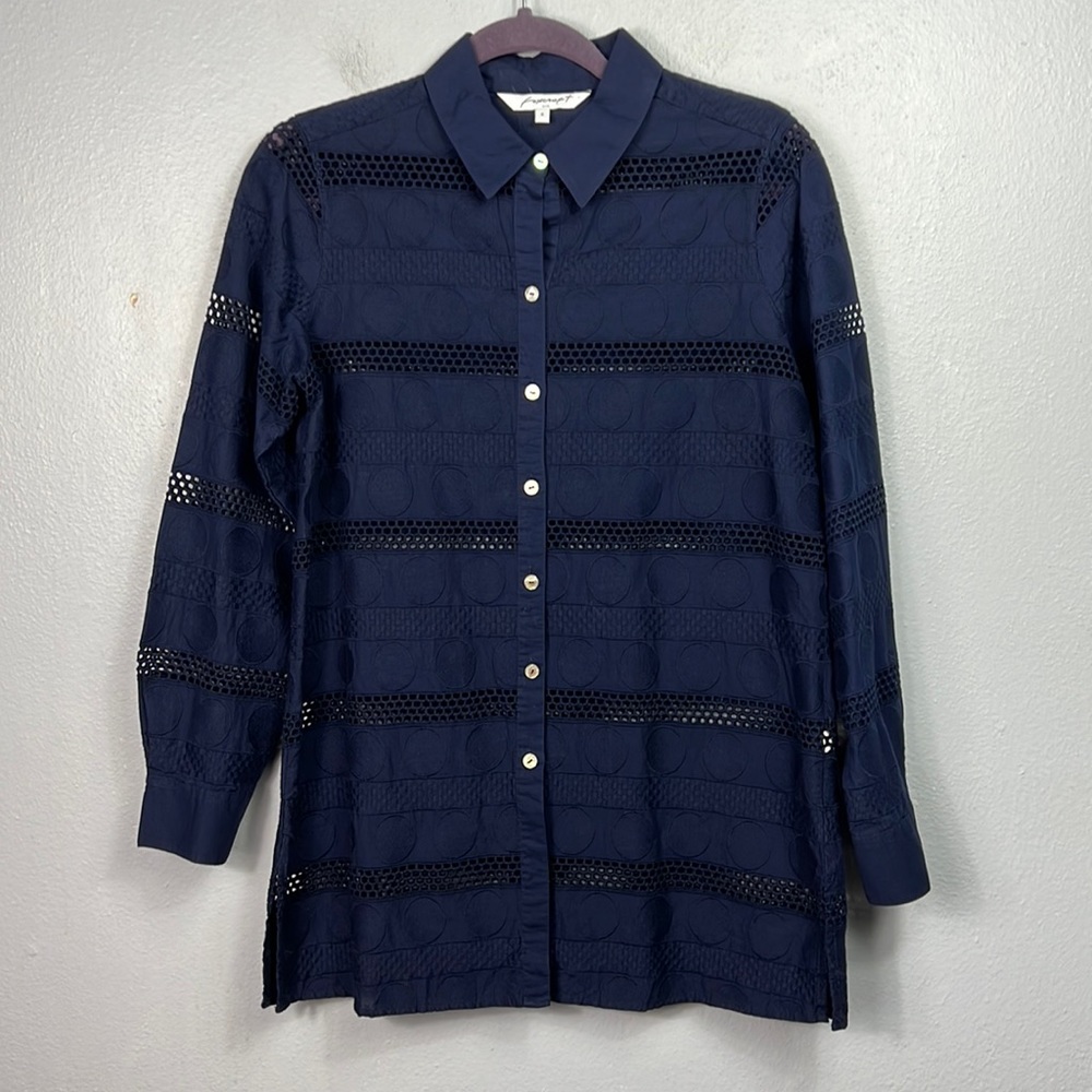 Foxcroft NYC Navy Blue Tonal Circle Open Weave Stripe Button Front Tunic Shirt 6